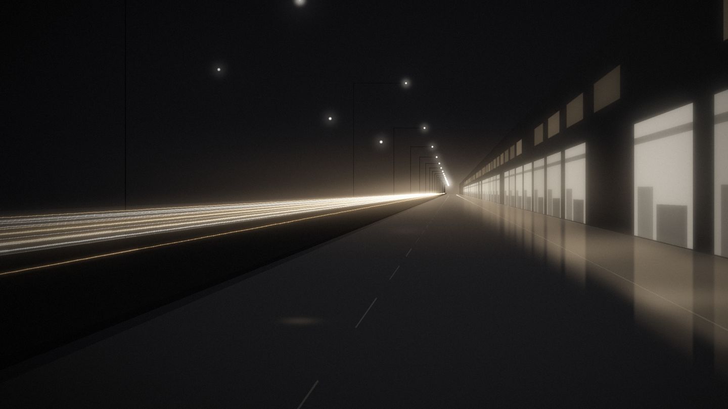 A pit lane at night, with lit garages receding into the distance.