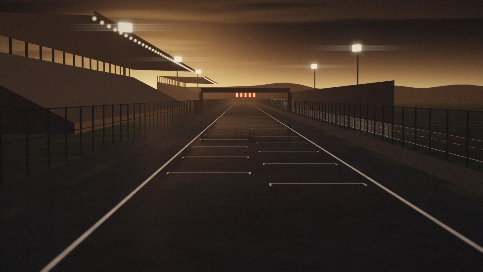 An empty starting grid at dusk, slots staggered on both sides of the track, start lights on red above the line.
